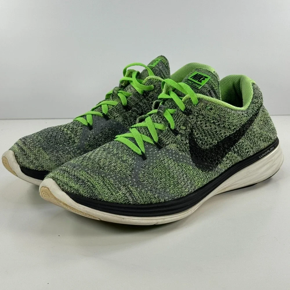Nike Flyknit Lunar 3 Running Shoes Green Black White 698181-013‎ Men's Size 10.5